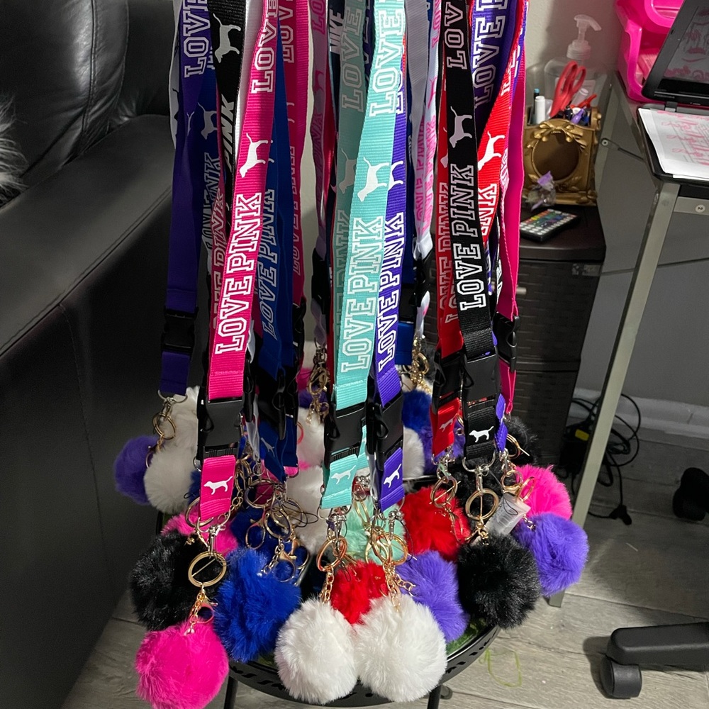PINK Lanyards and Puffball Keychains Sets